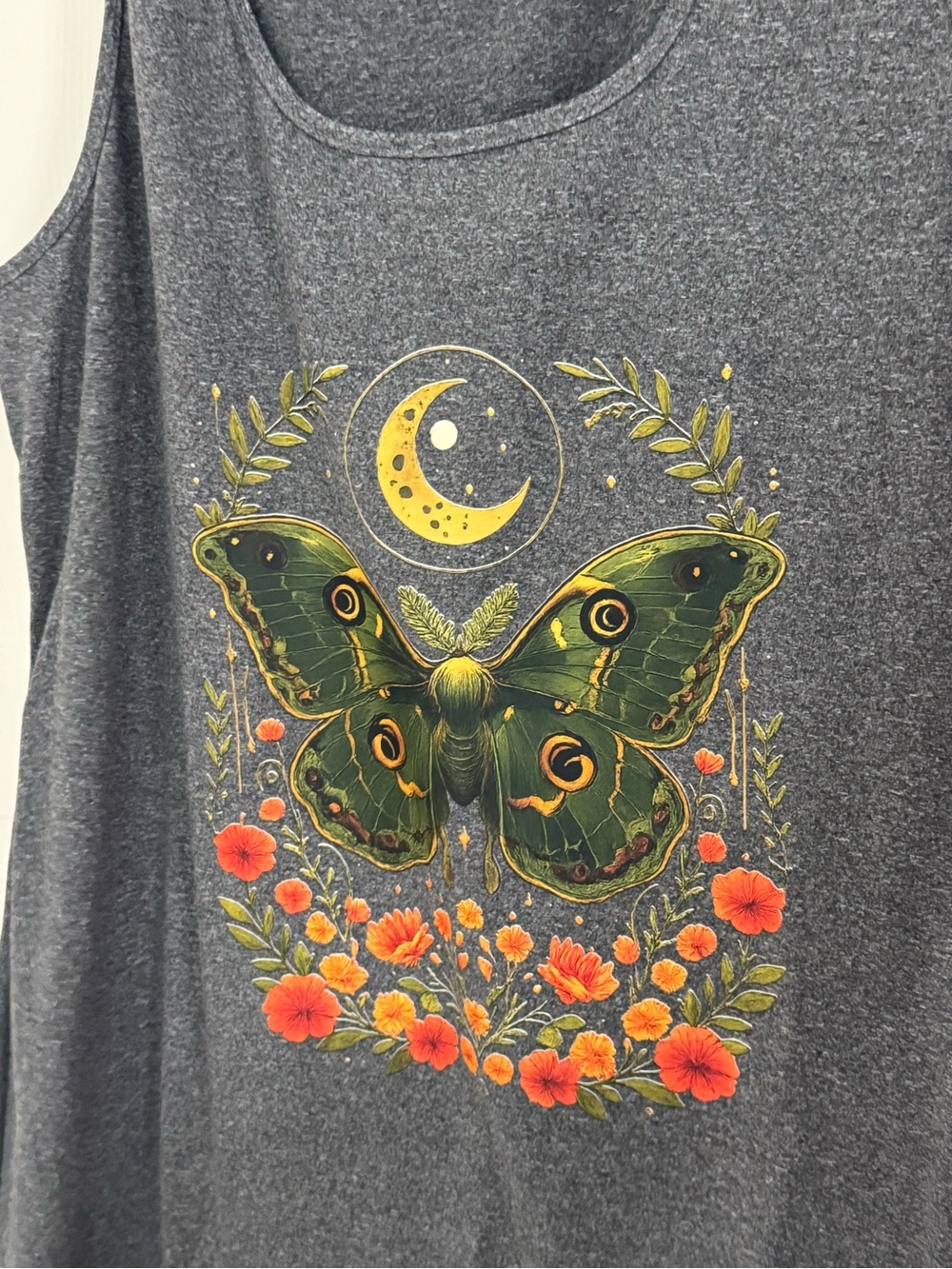 Green Moth Graphic Tank with Orange Floral Accents